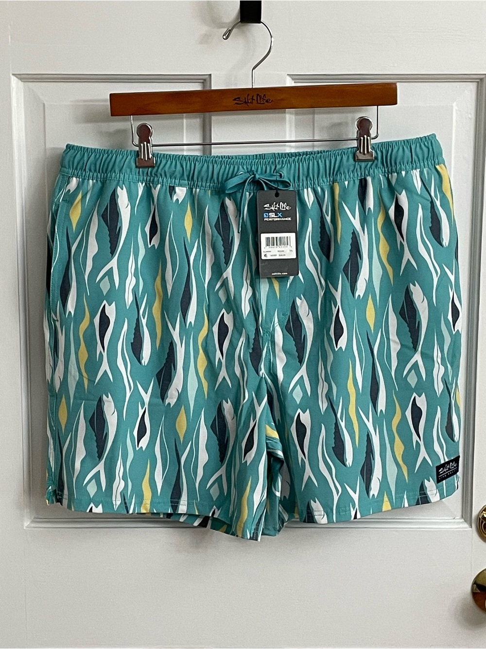 Salt Life Men’s Teal Patterned Swim Trunks with Yellow & Navy Accents